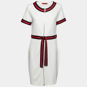 Pre Owned CH Carolina Herrera White Knit Stripe Trim Detail Dress L