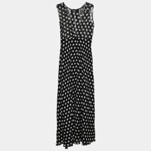 Pre Owned CH Carolina Herrera Black Polka Dot Silk Sleeveless Maxi Dress M