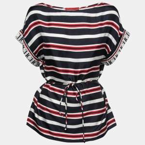 Pre Owned CH Carolina Herrera Blue & Red Striped Silk Belted Top XS