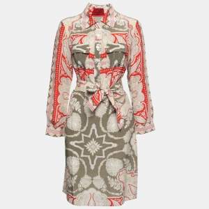 Pre Owned CH Carolina Herrera Beige Multicolor Printed Silk Belted Shirt Dress M