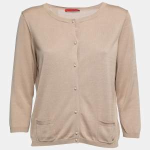 CH Carolina Herrera Beige Silk Knit Button Front Cardigan L