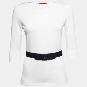 CH Carolina Herrera White Knit Belt Detail Round Neck Top S