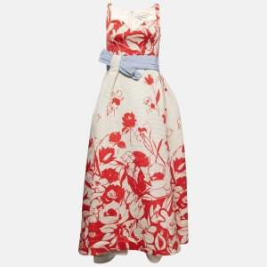 CH Carolina Herrera Ivory & Red Floral Print Silk Sleeveless Gown L