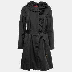 Pre Owned CH Carolina Herrera Black Cotton Ruffle Trimmed Belted Coat L