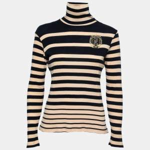 Pre Owned CH Carolina Herrera Navy Blue & Beige Striped Knit Turtleneck Top M