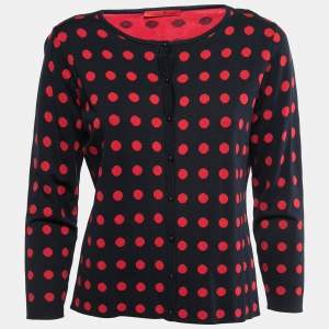 Pre Owned CH Carolina Herrera Navy Blue & Red Polka Dot Knit Cardigan M