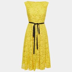Pre Owned CH Carolina Herrera Yellow Floral Lace Belted Flared Midi Dress M