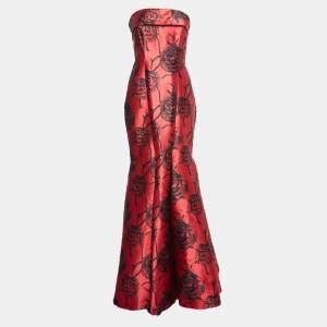 Pre Owned CH Carolina Herrera Red & Black Floral Jacquard Strapless Mermaid Gown M