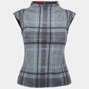 Pre Owned CH Carolina Herrera Grey Checked Patterned Wool Sleeveless Top S