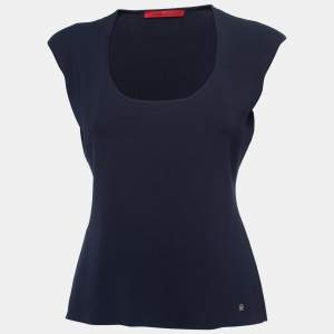 Pre Owned CH Carolina Herrera Navy Blue Knit Round Neck Top M