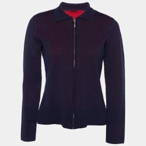 CH Carolina Herrera Navy Blue Jacquard Knit Zip Front Jacket S