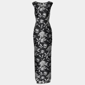 Pre Owned CH Carolina Herrera Black Floral Jacquard Fitted Trail Detail Gown M