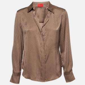 CH Carolina Herrera Brown Monogram Printed Silk Shirt L