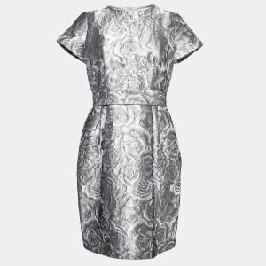 Pre Owned CH Carolina Herrera Grey Floral Embossed Jacquard Belted Knee Length Dress M