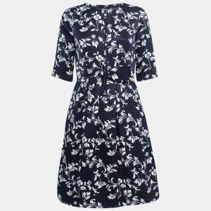 Pre Owned CH Carolina Herrera Navy Blue Floral Printed Jacquard Bow Detail Knee Length Dress M