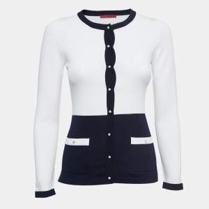CH Carolina Herrera White/Navy Blue Knit Buttoned Cardigan XXS