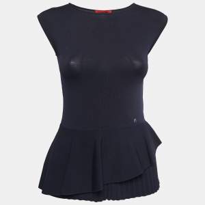 Pre Owned CH Carolina Herrera Navy Blue Knit Sleeveless Peplum Top XS
