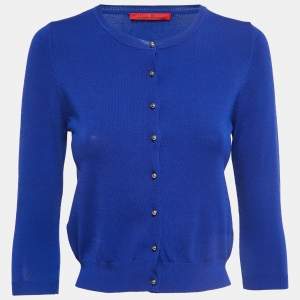 CH Carolina Herrera Blue Knit Buttoned 3/4 Sleeve Cardigan XS
