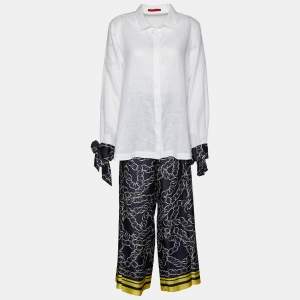 CH Carolina Herrera White Linen Shirt & Printed Satin Palazzo Pants Set M