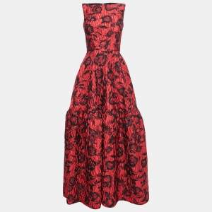 Pre Owned CH Carolina Herrera Red Floral Jacquard Sleeveless Flared Maxi Dress S