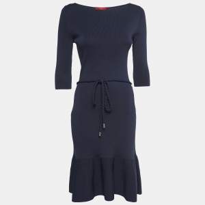 Pre Owned CH Carolina Herrera Navy Blue Knit Belted Midi Dress M