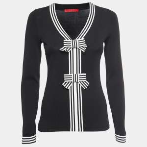 Pre Owned CH Carolina Herrera Black Jersey Bow Detail Contrast Trimmed Top XS