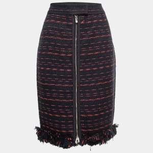 CH Carolina Herrera Navy Blue Tweed Zip Front Fringed Knee Length Skirt M