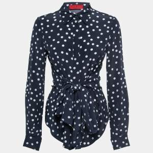 Pre Owned CH Carolina Herrera Navy Blue Polka Dot Printed Silk Waist Tie Detail Shirt S