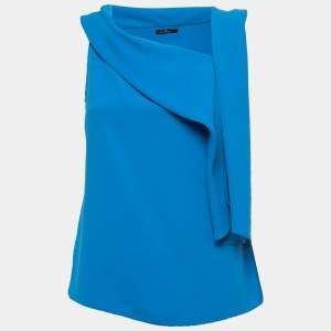 Pre Owned CH Carolina Herrera Blue Crepe Draped Sleeveless Blouse S
