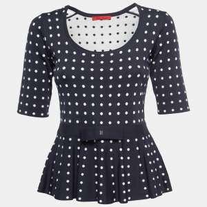 Pre Owned CH Carolina Herrera Navy Blue Dotted Knit Bow Detail Peplum Top S
