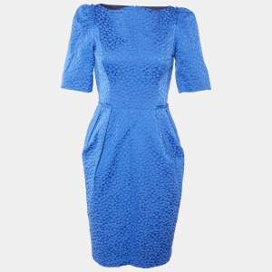 Pre Owned CH Carolina Herrera Blue Embossed Cotton Sheath Dress S