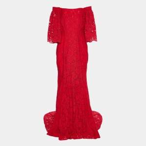 CH Carolina Herrera Red Lace Bell Sleeve Gown L