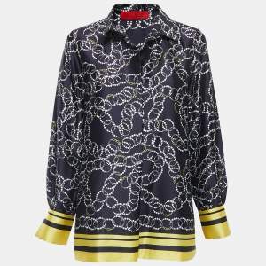 Pre Owned CH Carolina Herrera Navy Blue Printed Satin Blouse M