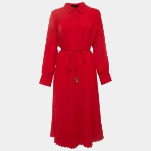 Pre Owned CH Carolina Herrera Red Crepe Pleated Midi Shirt Dress L