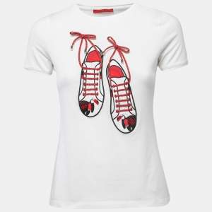 Pre Owned CH Carolina Herrera White Cotton Shoe Embroidered Lace Detailed Short Sleeve T-Shirt XS