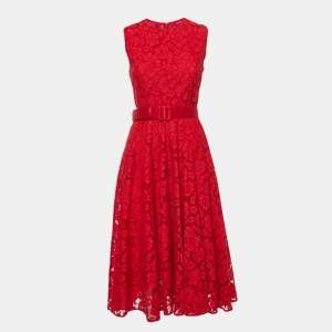 Pre Owned CH Carolina Herrera Red Floral Lace Sleeveless Belted Midi Dress S
