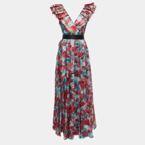 CH Carolina Herrera Red Floral Print Silk Ruffled Belted Maxi Dress S
