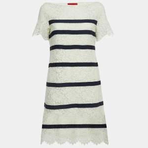 Pre Owned CH Carolina Herrera Off-White Lace Contrast Stripe Detailed Mini Dress S