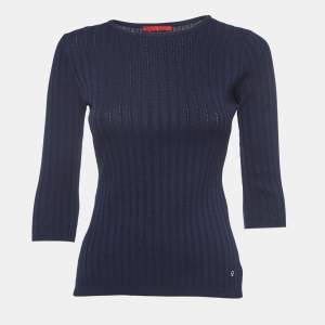 Pre Owned CH Carolina Herrera Navy Blue Ribbed Knit Top XS