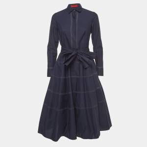 Pre Owned CH Carolina Herrera Navy Blue Cotton Belted Shirt Dress S