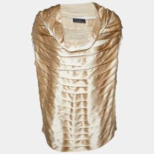 Pre Owned CH Carolina Herrera Beige Silk Satin Pleated Top L