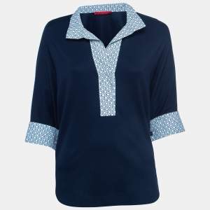 Pre Owned Carolina Herrera Navy Blue Logo Printed Jersey Dolman Sleeve Top XS