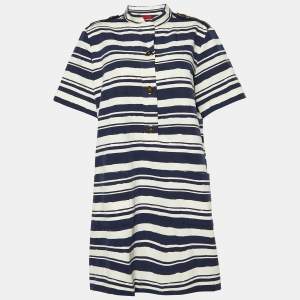 Pre Owned CH Carolina Herrera Navy Blue Striped Silk-Blend Mini Dress L