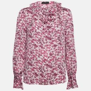 Pre Owned CH Carolina Herrera Pink Printed Satin Ruffled Blouse M