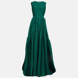 Pre Owned CH Carolina Herrera Green Floral Patterned Jacquard Sleeveless Gown M