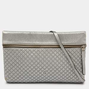 CH Carolina Herrera Metallic Silver Quilted Leather Front Zip Crossbody Bag