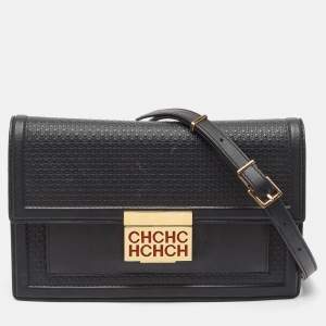 CH Carolina Herrera Black Monogram Embossed Leather Flap Shoulder Bag