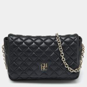 CH Carolina Herrera Black Quilted Leather Flap Shoulder Bag