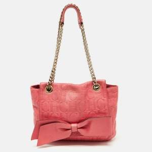 Pre Owned CH Carolina Herrera Pink Monogram Embossed Leather Audrey Shoulder Bag