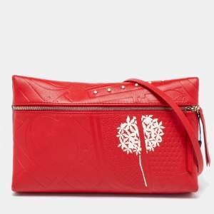 Pre Owned CH Carolina Herrera Red Leather Front Zip Crossbody Bag